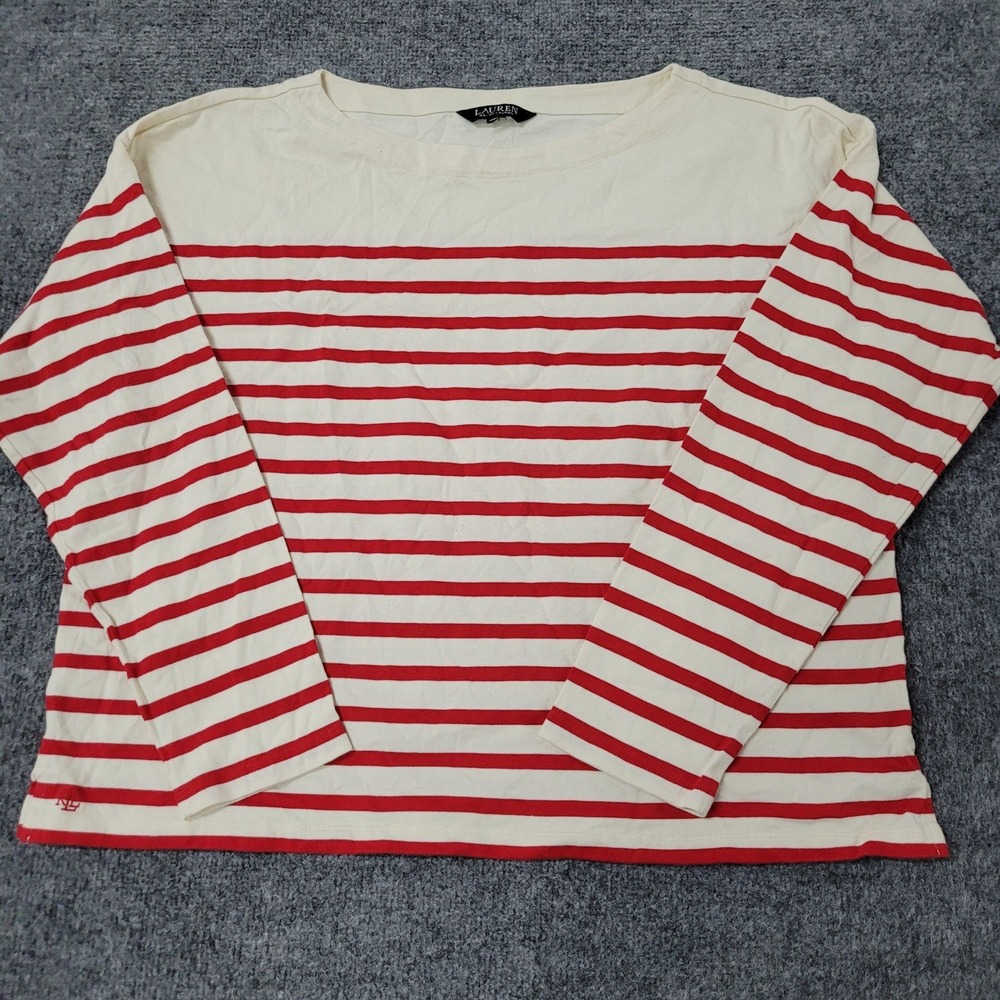 Lauren Ralph Lauren Shirt Womens Size L Cream Red Striped Boat Neck Long Sleeve